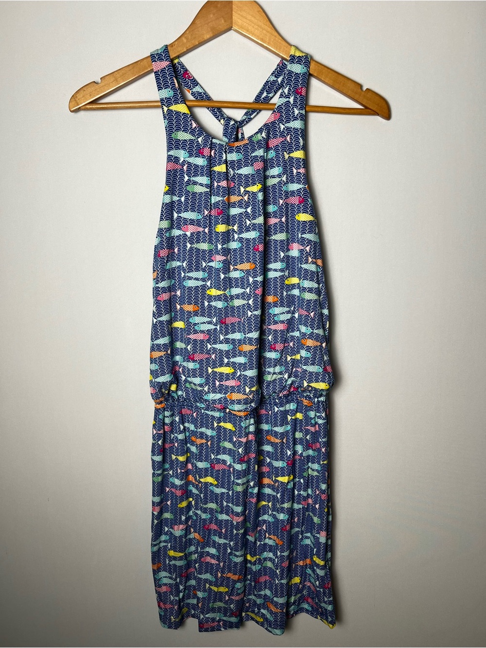 Tori Richard Honolulu Fish Print Halter Dress Blue Multicolor Small Resortwear